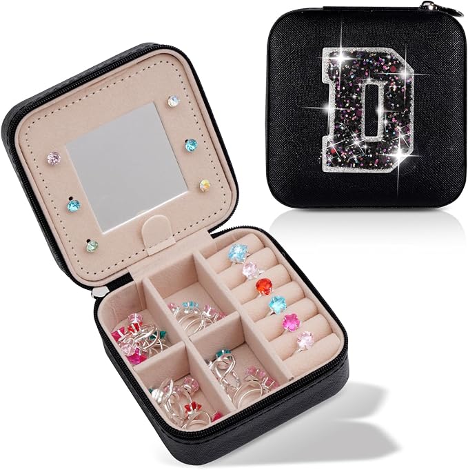 Uygafly Personalized Jewelry Case for Women Girls - Fashion Mini Jewelry Boxes - Trendy Travel Jewelry Organizer with Initials Letter - Teen Gifts | Black,D by Uygafly