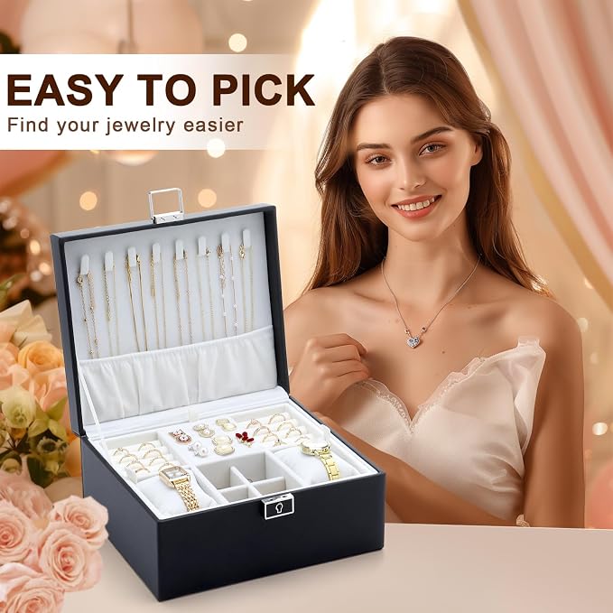Jewelry Organizer Boxes for Women,Travel Jewelry Case, 2 Layers Removable Jewelry Box,Storage for Necklace, Bracelet, Earring,Rings,Jewelry Box Gifts for Women Girls - Image 3