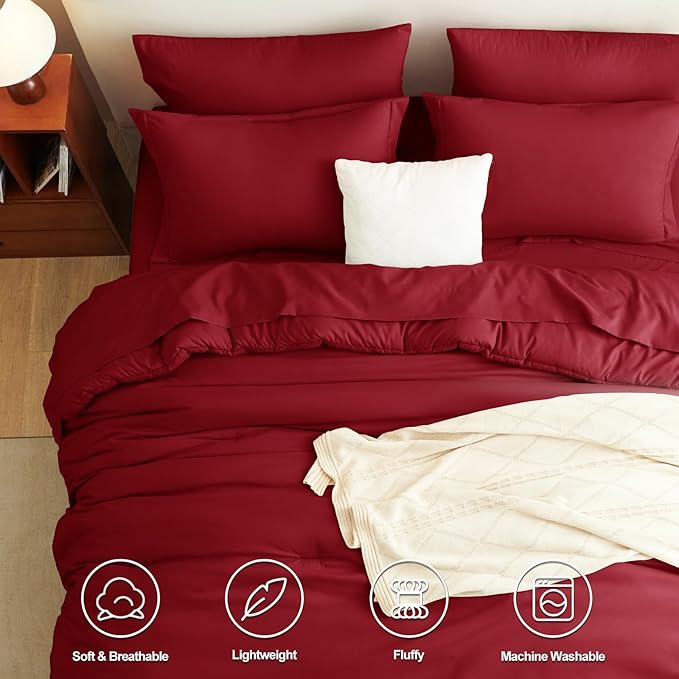CozyLux Queen Comforter Set Dark Red, 7 Pieces Bed in a Bag Queen Comforter Set with Sheets, Luxury Soft Bedding Sets with Down Alternative Comforter, Fitted Sheet, Flat Sheet, Pillowcases & Shams