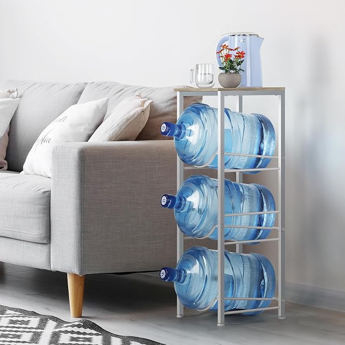 5 Gallon Water Bottle Holder Storage Rack, Water Cooler Jug Holder with Storage Shelves, 3-Tier Water Dispenser Stand for Kitchen Living Room Office, Rustic Grey - Image 6