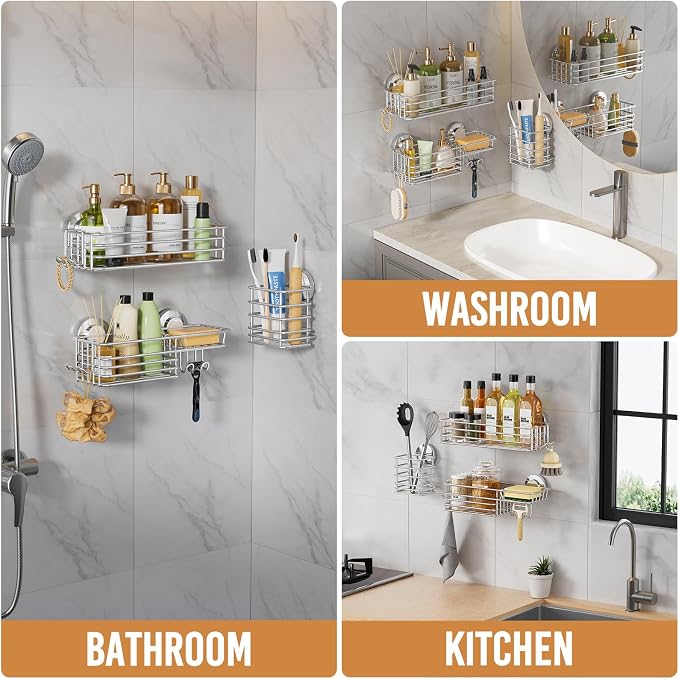 LEVERLOC Shower Caddy Suction Cup, 3 Pack Heavy Duty Bathroom Organizer for Inside Shower with Hooks & Soap Holder, Removable Bathroom Organizer, Rustproof Silver Holder Storage Storage,Silver - Image 7