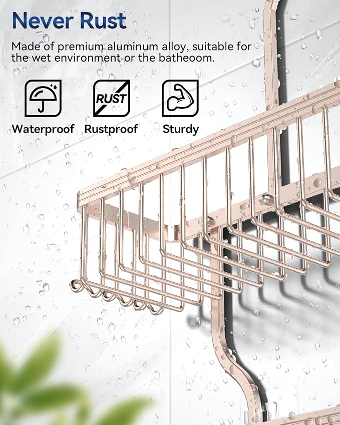 YASONIC Shower Caddy Hanging - Never Rust Shower Organizer - Aluminum over The shower head caddy with 10 Hooks for Razor/Sponge - Shower Rack with Soap Basket - Rose Gold - Image 3