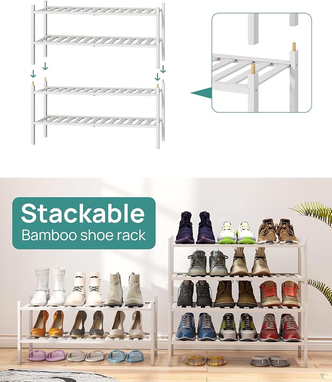 viewcare White Shoe Rack for Entryway, 2 Tier Shoe Organizer for Hallway Closet, Bamboo Wood Shoe Racks for Indoor Outdoor (White, 2-Tier) - Image 6