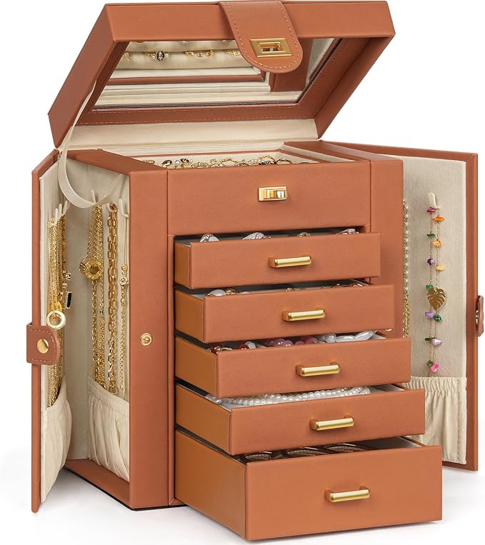 AKOZLIN Jewelry Box Organizer Functional Leather Jewelry Storage Case for Women Girls Ring Necklace Earring Bracelet Holder Organizer with Mirror by AKOZLIN