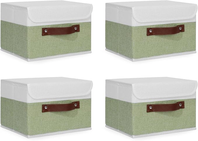 ANMINY 4PCS Storage Boxes with Lid Washable Decorative Storage Bins Basket with PU Leather Handle Foldable Linen Fabric Storage Cubes Containers for Home Closet Organizer - Green White, Small Size by ANMINY