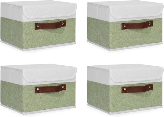 ANMINY 4PCS Storage Boxes with Lid Washable Decorative Storage Bins Basket with PU Leather Handle Foldable Linen Fabric Storage Cubes Containers for Home Closet Organizer - Green White, Small Size by ANMINY