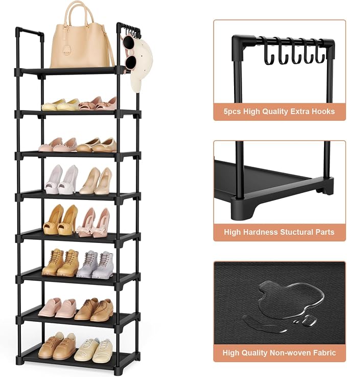 LANTEFUL Tall Shoe Rack 8 Tiers, 16-20 Pairs Shoe and Boots Organizer Storage Sturdy Shoe Shelf, Narrow Vertical Shoe Rack for Entryway, Closet, Metal Shoe Organizer with 5 Hooks - Image 4