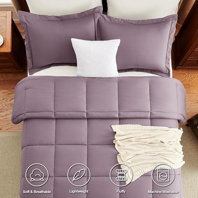CozyLux Queen Comforter Set - Dusty Purple Comforters Queen Size, 3 Pieces Box Stitched Bed Set for All Seasons, Soft Lightweight Bedding Sets with 1 Down Alternative Comforter and 2 Pillow Shams