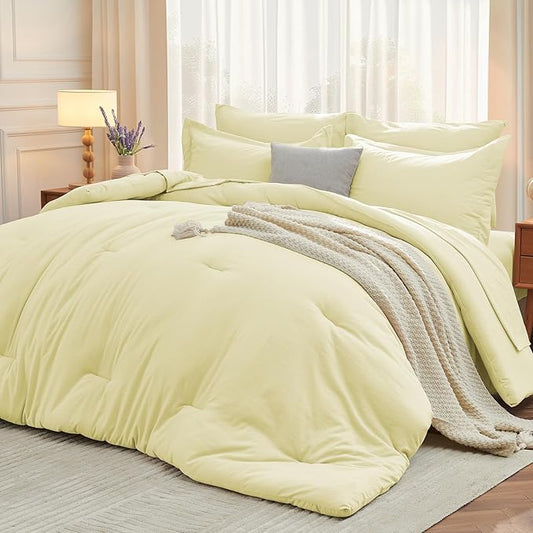 MUXHOMO 7 Pieces Full Comforter Set, Soft Bed in a Bag Full Size, All Season Bedding Set with Comforter, Flat Sheet, Fitted Sheet, Pillowcases & Shams, Cream Yellow