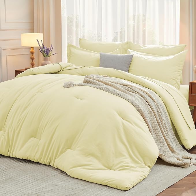 MUXHOMO 5 Pieces Twin Comforter Set, Soft Bed in a Bag Twin Size, All Season Bedding Set with Comforter, Flat Sheet, Fitted Sheet, Pillowcases & Shams, Cream Yellow