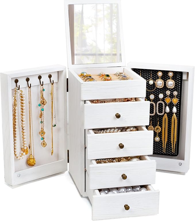Meangood Jewelry Box Wood for Wowen, 5-Layer Large Organizer Box with Mirror & 4 Drawers for Rings, Earrings, Necklaces, White by Meangood
