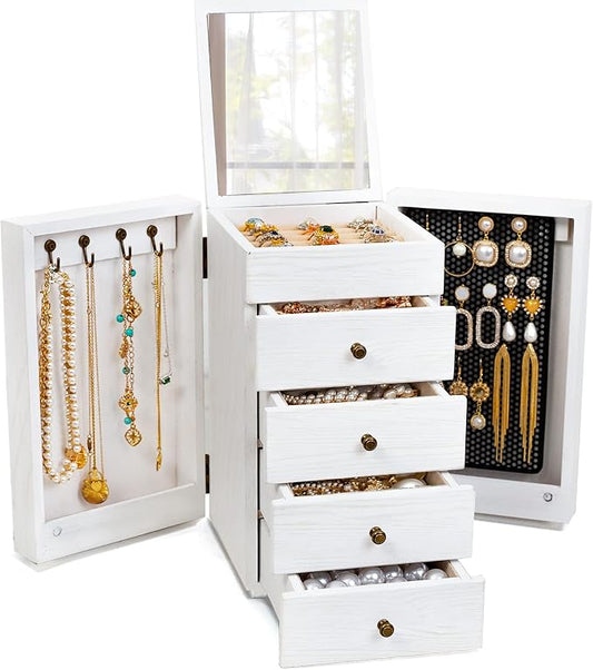 Meangood Jewelry Box Wood for Wowen, 5-Layer Large Organizer Box with Mirror & 4 Drawers for Rings, Earrings, Necklaces, White by Meangood