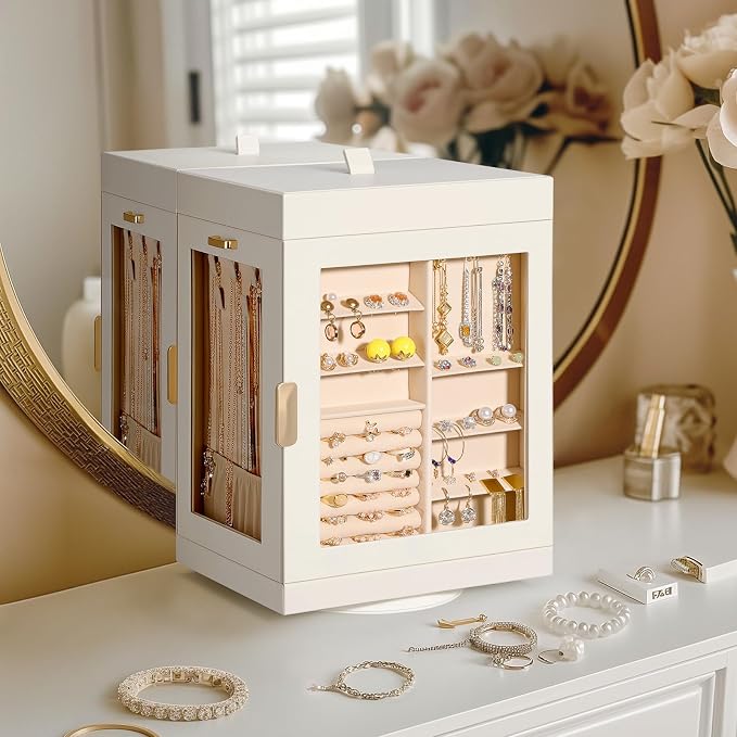 TidyStash 360° Rotating Jewelry Organizers and Storage, Large Jewelry Boxes for Women Necklace, Ring Earring Storage, Vertical Accessory Organizers and Storage, Cream White by TidyStash