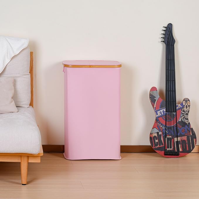 iEGrow 65L Slim Laundry Hamper, Narrow Laundry Basket with Lid,Foldable Clothes Hamper with Bamboo Handles,Hamper Basket with Removable Inner Bag for Laundry Room Bedroom College Dorm,17.17 Gals Pink - Image 6
