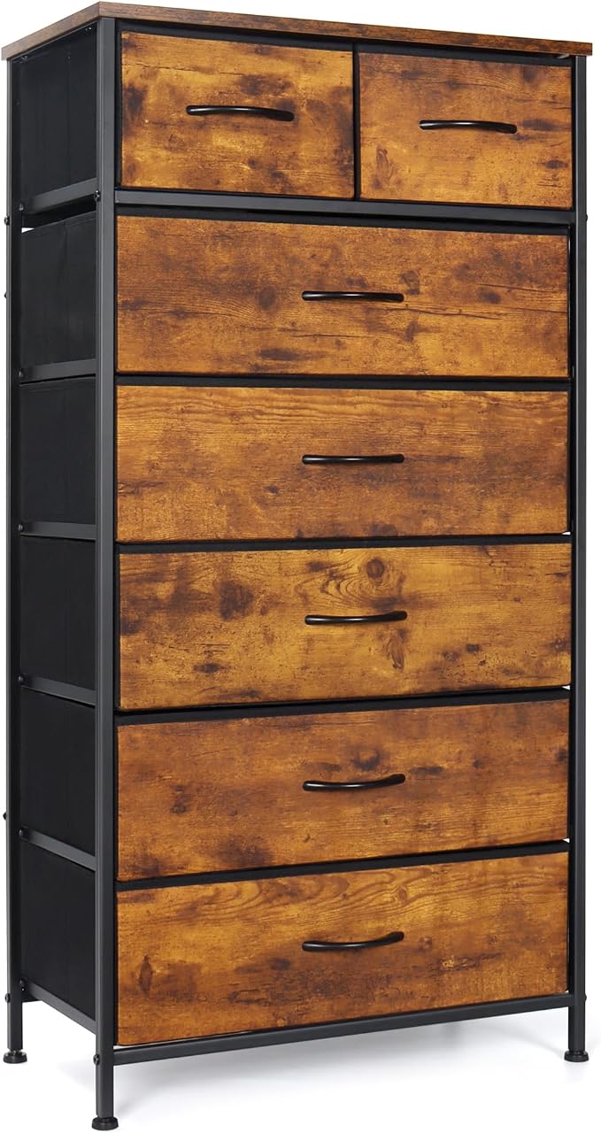 Mifuro Tall Dresser for Bedroom, Vertical Storage Organizer Tower with 7 Drawers, Chest of Drawers with Fabric Bins, Steel Frame, Wood Top for Bedroom, Closet, Entryway- Rustic Brown by MifuroOfficeProduct