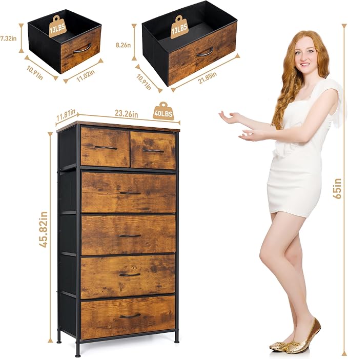 Mifuro Tall Dresser for Bedroom, Vertical Storage Organizer Tower with 6 Drawers, Chest of Drawers with Fabric Bins, Steel Frame, Wood Top for Bedroom, Closet, Entryway- Rustic Brown - Image 3