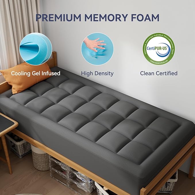 ELEMUSE Dual Layer 3 Inch Memory Foam Mattress Topper Twin XL, Dorm Room 2 Inch Cooling Gel Memory Foam Plus 1 Inch Down Alternative Pillowtop Mattress Pad, College Essential, Comfort Support, Grey