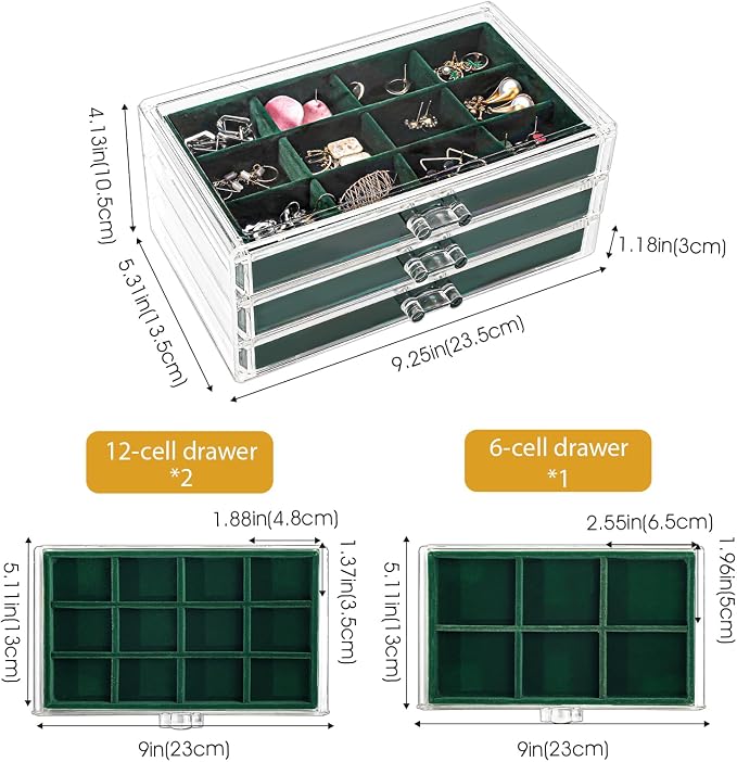 ProCase Earring Holder Organizer Jewelry Box with 3 Drawers, Acrylic Clear Earring Case with Adjustable Velvet Trays for Women - Emerald, 3 Layers - Image 4