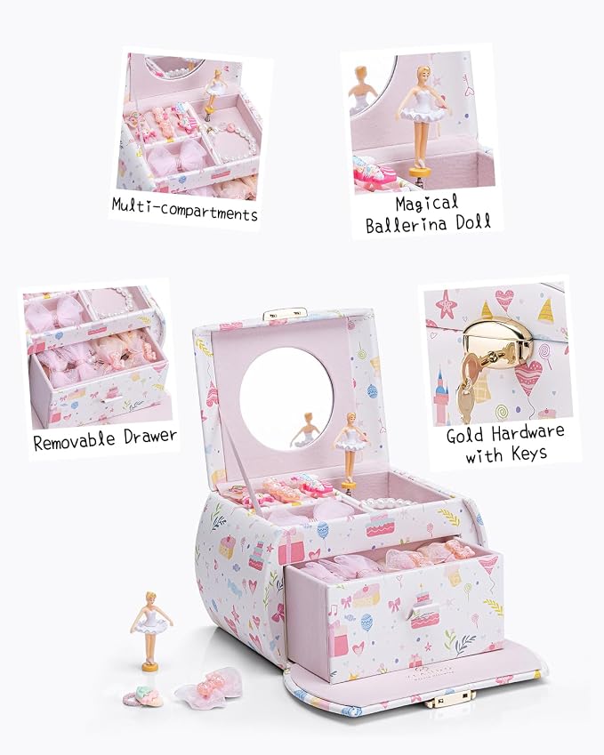 VLANDO Musical Jewelry Box for Girls Kids with Drawer, Music Box with Ballerina and Stickers for Birthday Bedroom Decor, Fantasy Princess - Image 3
