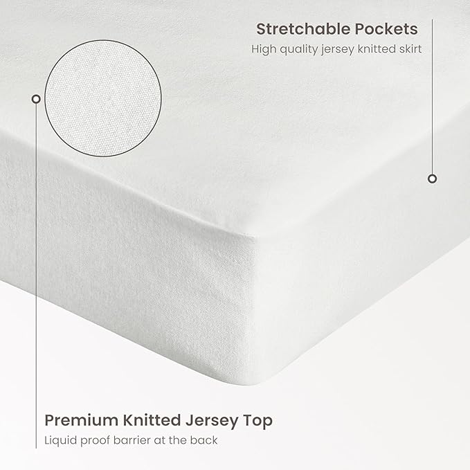 Bioweaves Organic Cotton Jersey Waterproof Crib Mattress Protector | 28" x 52" | GOTS Certified Mattress Cover with Jersey Cotton Skirt, Breathable & Noiseless Top Layer - 9 Inch Deep Pocket, White