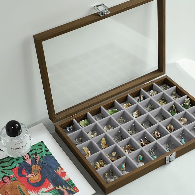 Stratalife Wood Jewelry Organizer Jewelry Tray 40 Grid Jewelry Holder Organizer Jewelry Box Jewelry Tray with Lid Earring Organizer Jewelry Storage Jewelry Trays for Drawers Vintage Style - Image 5