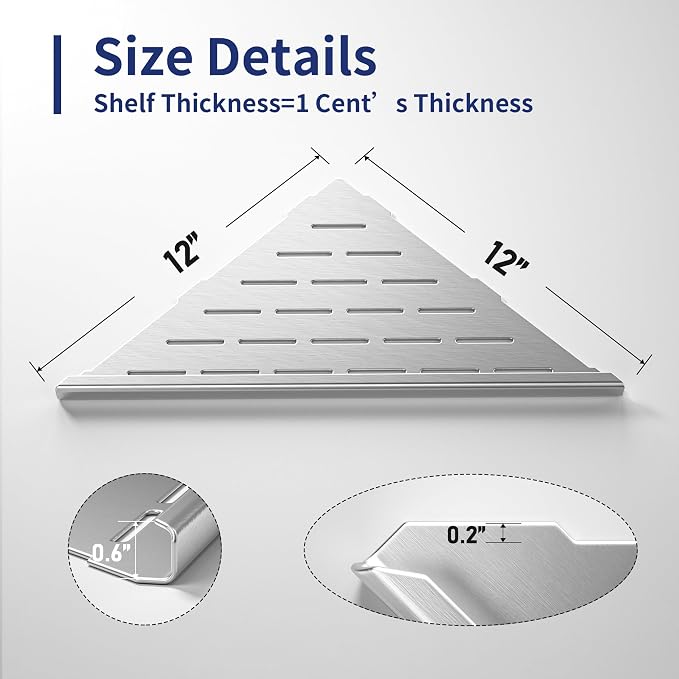 Corner Shower Shelf, 12" Brushed 304 Stainless Steel Slot Design Recessed Corner Shelves 2 Pack Bathroom Grout in Shelf for Tiled Wall, Large Size - Image 2