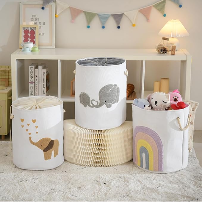 INough Baby Laundry Basket Laundry Hamper, Canvas 58L XL Baby Clothes Basket, Collapsible Brown Laundry Basket for Nursery Toy Baskets with Drawstring Closure, KidsRoom Decor for Boys - Image 8