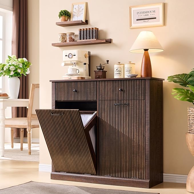 IFBUY Modern Double Tilt-Out Laundry Hamper Cabinet, 20 Gallon Fluted Trash Can Cabinet w/2 Drawers, Wooden Hidden Garbage Can Cabinets w/Laundry Basket, Free Standing for Bathroom and Kitchen, Brown - Image 6