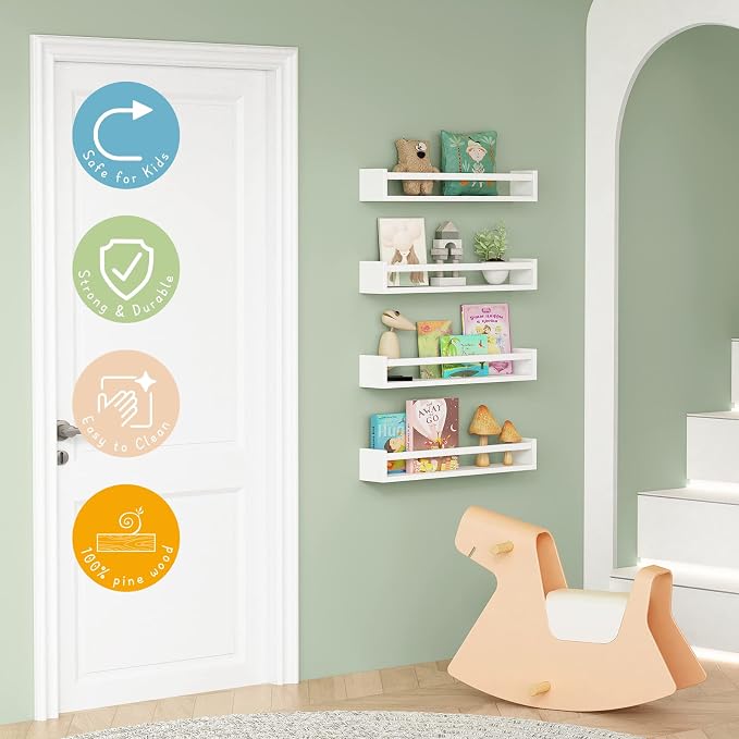 Forbena 24 Inch Wall Bookshelf for Kids Bedroom Set of 4, White Floating Nursery Book Shelves for Baby Toddler Children Girls Boys Room Decor, Large Wood Wall Mount Bookshelves and Toy Storage - Image 4