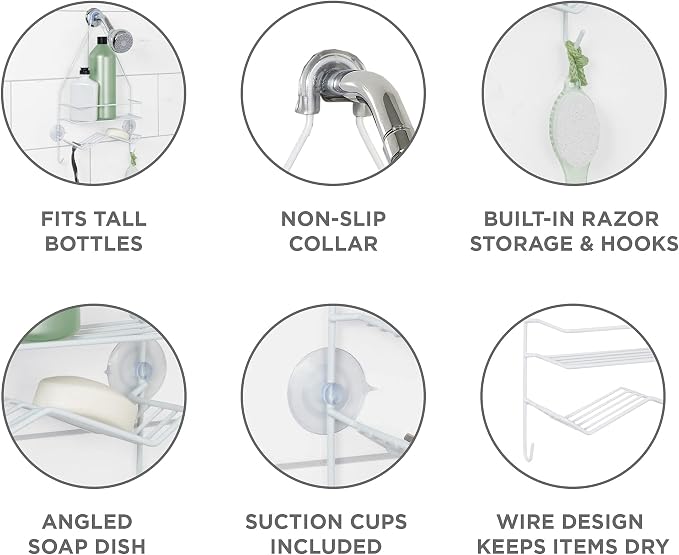 Zenna Home Rust Resistant Hanging Shower Caddy, Over the Shower Head Caddy with 1 Wide Shelf and Built In Soap Dish, Steel Bathroom Hanging Organizer, White - Image 4