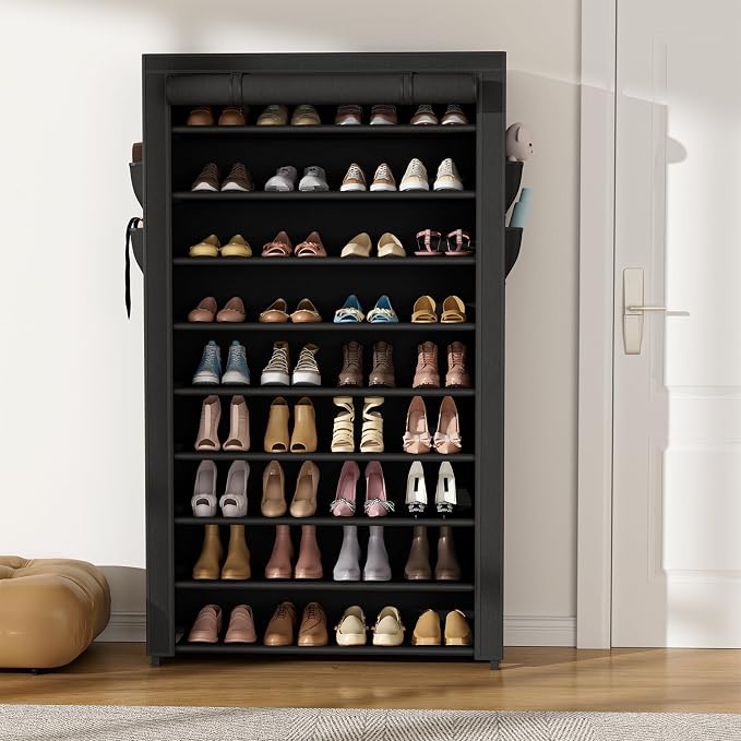 VILICK Shoe Rack with Cover Narrow Shoe Organizer with Pockets 10 Tier Tall Shoe Storage Holds 36-41 Pairs Shoes and Boots Shoe Rack for Closet Entryway Garage, Black - Image 2