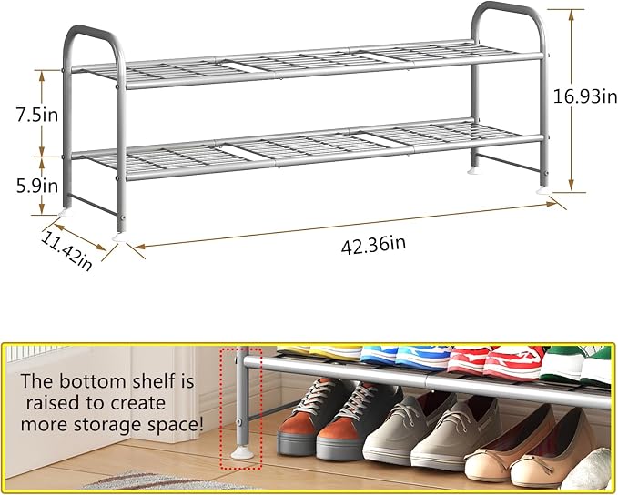 LINZINAR Shoe Rack 2 Tier Storage Organizer for Closet Entryway Metal Grey - Image 2