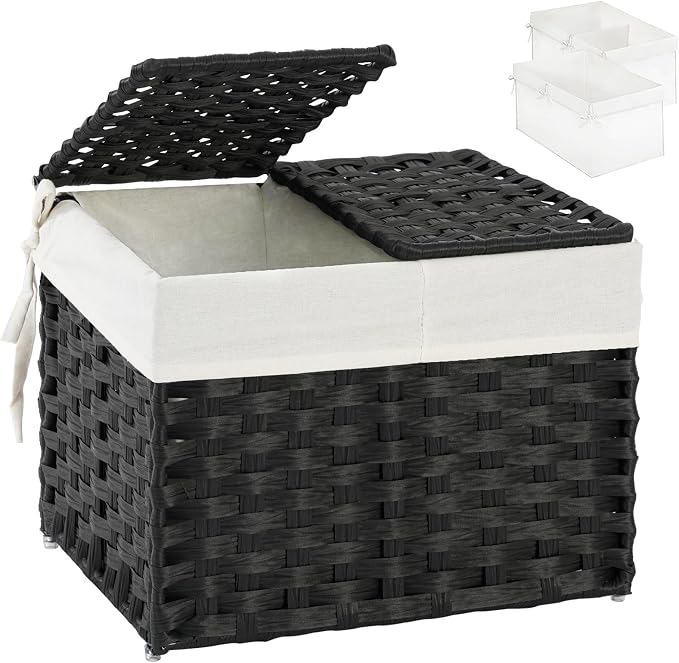 SETVSON Storage Basket with Lid Woven Wicker Baskets with 2 Separate Lid, 9.2 Gallon (35 L) Wicker Storage Bins with Handles, Foldable and 2 Removable Liner Bags for Bedroom, Laundry Room Black by SETVSON