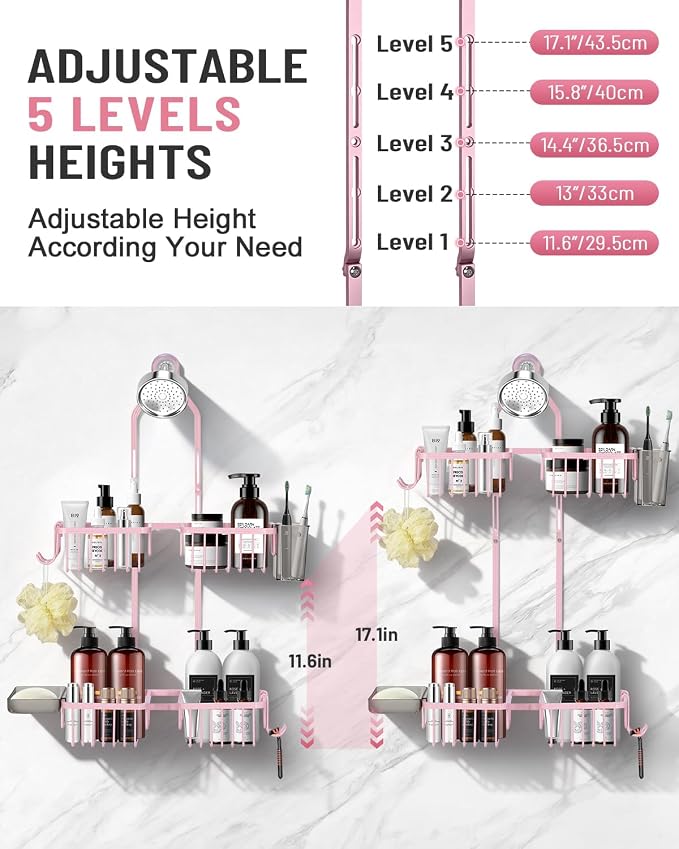 Adjustable Shower Caddy Hanging for Handheld Showerheads - Never Rust Shower Hanging Organizer, Upgraded Bathroom Shower Rack with Soap Basket, Hooks and Toothbrush Holder (Pink) - Image 4