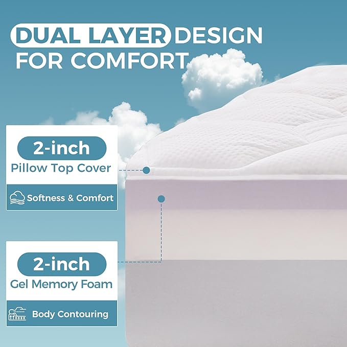 BDEUS 4 Inch Dual Layer Mattress Topper Queen Size, 2 Inch Cooling Gel Memory Foam and 2 Inch Soft Pillow Top Pad Cover, Mattress Pad for Back Pain Relief