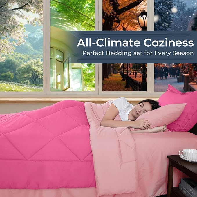 HEVUMYI Hot Pink & Baby Pink King Comforter Set - 7-Piece All Season Bed in a Bag King, Ultra Soft Bedding Set with Comforter, Flat Sheet, Fitted Sheet, Pillowcases, Pillow Shams