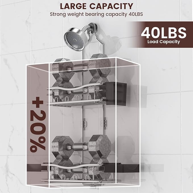 REINHARDT Shower Caddy Hanging, Rustproof Shower Caddy Anti-Swing Shower Organizer Over Showerhead No Drilling Shower Racks with Soap Holder Multi Hooks Bathroom Storage for Shampoo Sponge, Silver - Image 3