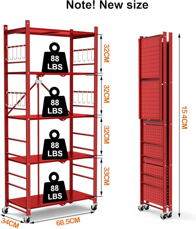Himix Storage Shelves with 20 Hooks, 5-Tier Foldable Shelves for Storage, Folding Utility Shelf Unit Pantry Shelf with Wheels, Metal Shelving Unit Rack for Garage Christmas Room, Red - No Assembly - Image 3