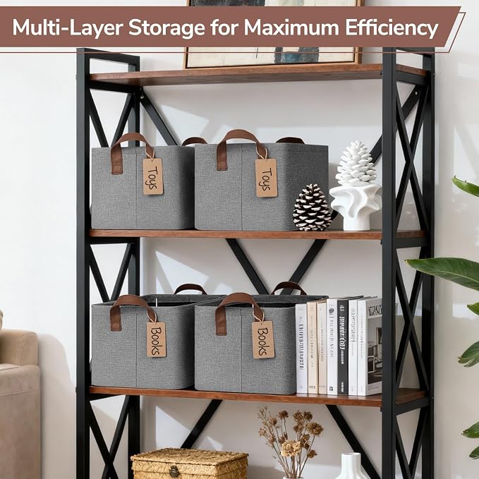 CHICVITA 4 Pack Storage Baskets for Shelves, Foldable Fabric Storage Bins with Metal Frame Handles, Closet Organizer Bins for Toys Blankets, 14.8" x 10.3" x 8.3", Gray - Image 6