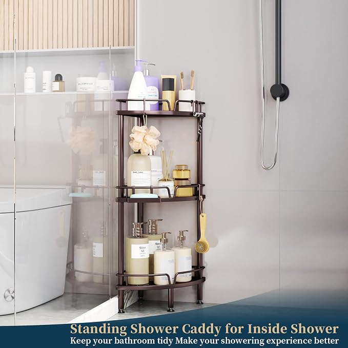 Consumest Corner Shower Caddy Stand - 3 Tier Shower Organizer with Soap Holder, Tall Floor Corner Shelves Standing with Adjustable Feet & 4 Hooks, Storage Rack for Bathroom, Bronze - Image 4