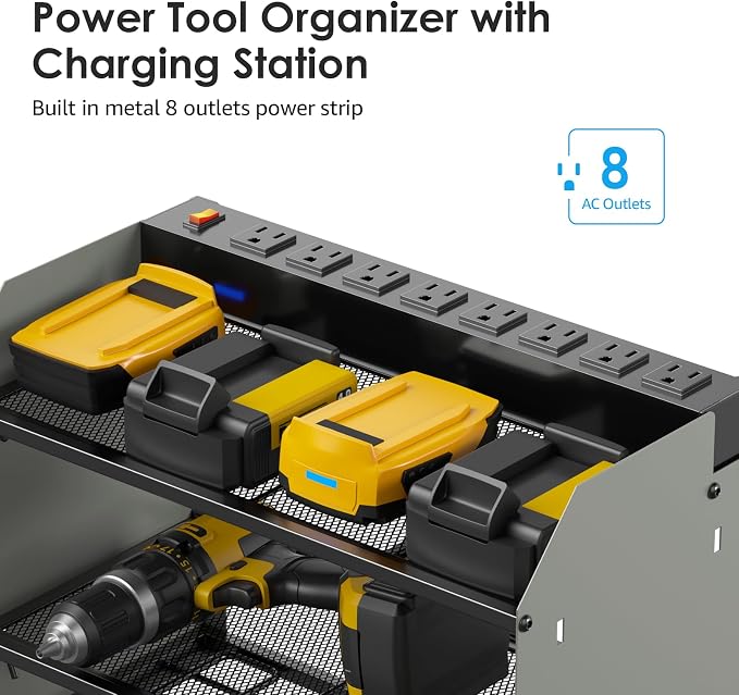 CCCEI Modular Power Tool Organizer Wall Mount with Charging Station. Garage Drill Storage Shelf with Hooks, Heavy Duty Rack, Tool Battery Holder Built in 8 Outlet. Gift for Men. Grey, 1 Pack. - Image 2