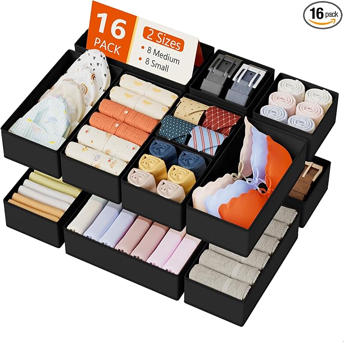 DIMJ Drawer Organizers Clothes, Set of 16 Dresser Organizer Bins, Fabric Closet Organizers and Storage, Shallow Drawer Dividers for Nursery, Clothing, Baby Clothes, Socks, Underwears, Tie (Black) by DiMJ