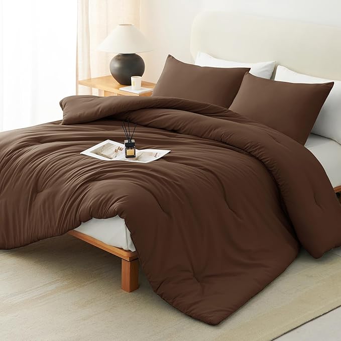 CozyLux Queen Comforter Set Brown, 3 Pieces Solid Comforters Queen Size Breathable Quilted Bedding Sets, Luxury Soft Lightweight Bed Set with Down Alternative Comforter and 2 Pillowcases All Seasons