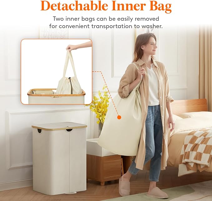 Lifewit 150L Double Laundry Hamper with Lid, Large Laundry Basket with Removable Bag & Bamboo Handles, Fodable Tall Dirty Clothes Hamper for Laundry Collapsible Bin for Bathroom Bedroom Dorm, Beige - Image 4