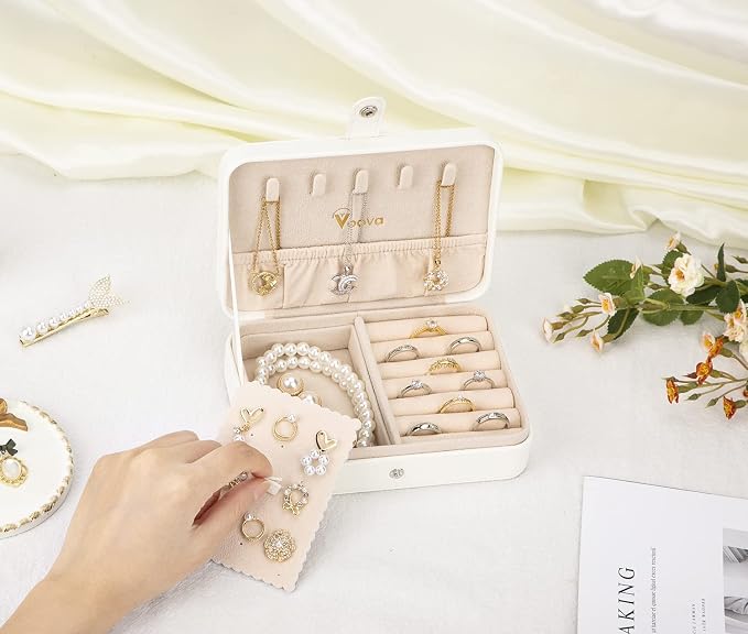 Voova Jewelry Box Organizer for Women Girls, 2 Layer Large Men Jewelry Storage Case, PU Leather Display Jewellery Holder with Removable Tray for Necklace Earrings Rings Bracelets (White, Small) - Image 5