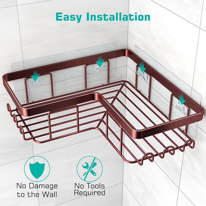 YASONIC Corner Shower Caddy, 3-Pack Adhesive Shower Caddy with Soap Holder and 12 Hooks, Rustproof Stainless Steel, No Drilling Wall Mounted Rack Organizer, for Bathroom, Bronze - Image 5