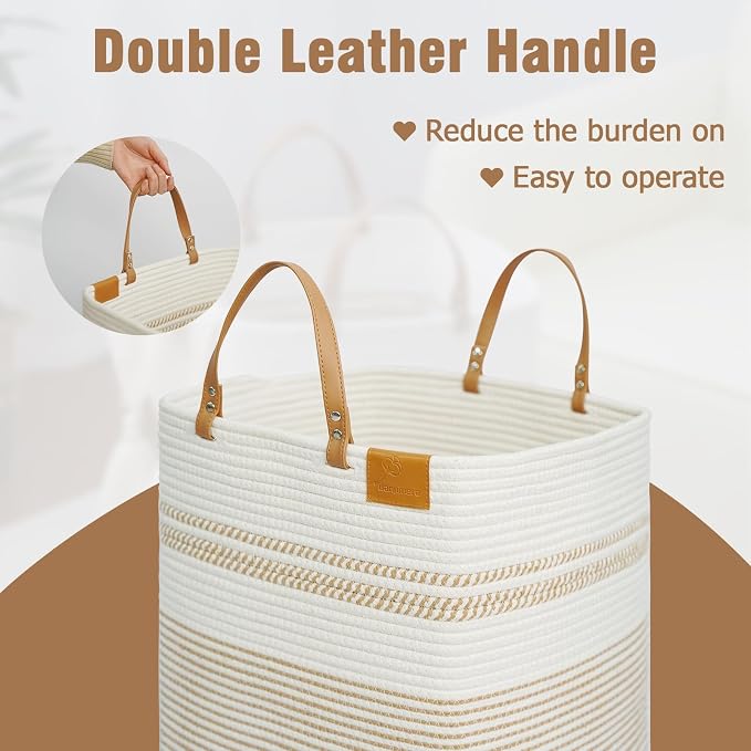 danpinera 100L Nursery Hamper, Tall Woven Laundry Basket with Long Leather Handles, Boho Laundry Hamper for Living Room & Bedroom, Eco-friendly & Convenient Decorative Storage Basket White & Jute - Image 6