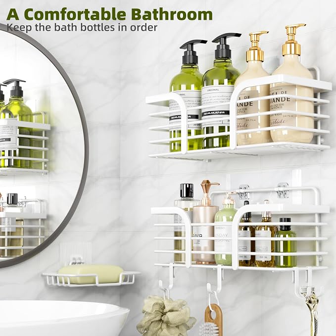 Yougai Shower Caddy, Shower Organizer with Soap Holder and Hooks, Rustproof Shower Shelves, No Drilling Bathroom Organizers and Storage, Wall-Mounted Kitchen & Home Decor (White) - Image 3