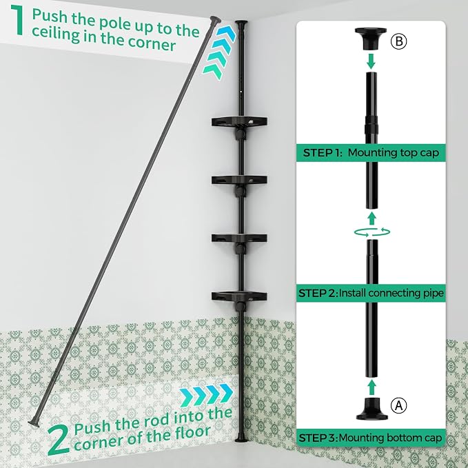 shuang qing 4-Tier Corner Shower Caddy Tension Pole Organizer - Adjustable Rustproof Metal Tension Pole, Plastic Shelves with Safety Guardrail, Bathroom Storage for Shower & Bathtub(Black) - Image 6