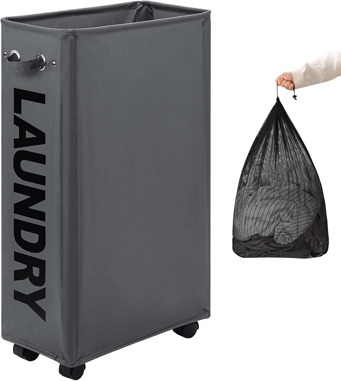 DOKEHOM 29-Inches Enlarged Slim Laundry Basket with Removable Wash Bag on Wheels, Collapsible Rolling Laundry Hamper, Foldable Narrow Corner Clothes Storage Bins (Dark Grey) by DOKEHOM